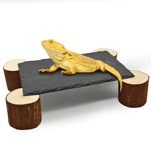 Bearded Dragon Basking Platform,Reptile Slate Rocks with Wooden Pile,Leopard Gecko Hides and Caves Climbing Tank Accessories for Lizards Snakes Tortoise Ball Python(Large High)