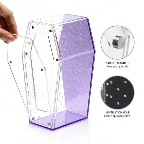 Glitter Acrylic Coffin Jumping Spider Enclosure - Gothic Terrarium Habitat with Magnetic Lid, Micro Reptile Breeding Box for Slings, Mantis, Isopods and Small Insects (Glitter Purple) - color: Glitter Purple