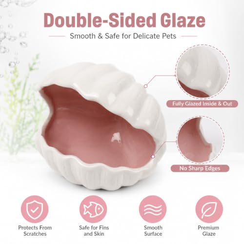 Ceramic Axolotl Hideout Shell Shape, Double-Sided Glazed Fish Tank Decoration Cave, Extra Large Aquarium Shelter Tunnel Hide for Small Pet, Frog, Betta, Lizard, Aquatic Reptile - Pink