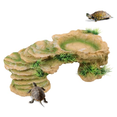 Turtle Docks for Basking Reptile Rock Cave Hideout | 2 In 1 Basking Platform And Hide Cave With Fake Grass On 4 Sides Wide Textured Ramp Durable Resin Light Brown Yellow - color: Light Brown Yellow