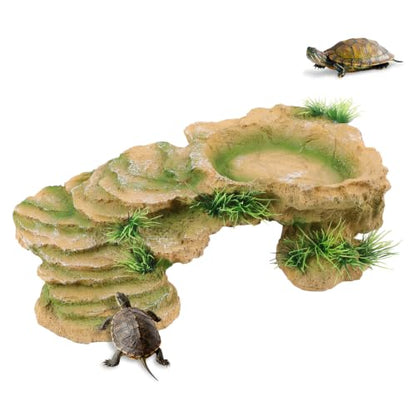 Turtle Docks for Basking Reptile Rock Cave Hideout | 2 In 1 Basking Platform And Hide Cave With Fake Grass On 4 Sides Wide Textured Ramp Durable Resin Light Brown Yellow - color: Light Brown Yellow