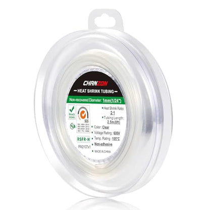 Chanzon 2:1 Ratio 1/24" (1mm) Heat Shrink Tubing 8Ft Roll Clear/Transparent | Polyolefin Sleeving 2.5M Roll, for Automotive Wire Repair, Marine, RC Hobby & Electronic Insulation, 1pcs - color: Transparent, size: 1mm (1/24") - 8FT