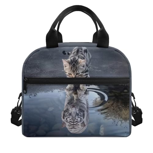 Cat Tiger Insulated Lunch Bag for Girls Boys 4-6 8-10 12-14 Crossbody Lunch Box Tote Lunchbag Purse Leakproof Cooler Bag Meal Bento Bags for Men Women Office Work School - color: Cat Tiger
