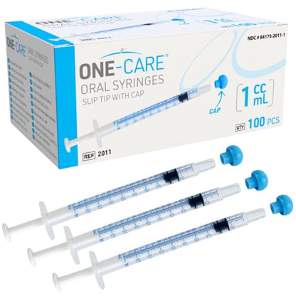 ONE-CARE 1ml Oral Syringe with Cap, Slip Tip Liquid Dispensers, 100/Box | Individually Wrapped, Food-Grade Plastic, Accurate Graduation for Precise Liquid Dosing, Oral Feed - Infants, Adults & Pets - size: 1ml