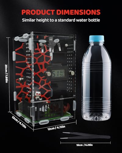 DIY Jumping Spider Enclosure, 4.7"x4.7"x7.9" Escape Proof Spider Terrarium, Small Reptile Acrylic Accessories Set, with Temperature and Humidity Detector, Platform and Hide, Tweezer, Feeding Bowl