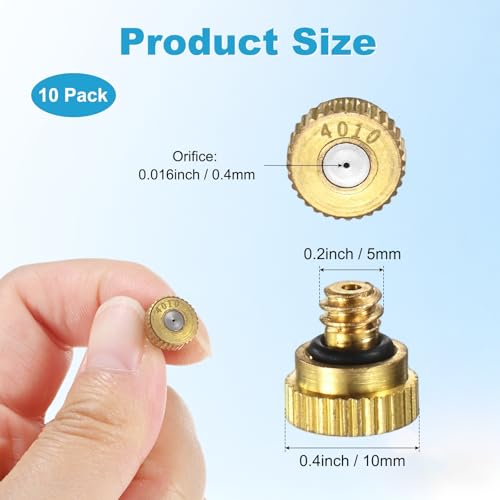 M METERXITY 10-Pack Brass Misting Nozzles, 0.016inch/0.4mm Orifice Heavy Duty 10/24 UNC Screw Thread Misting Nozzle Plug for Outdoor Spray Cooling System/Patio Mist System/Dust Control - size: 0.016inch/0.4mm