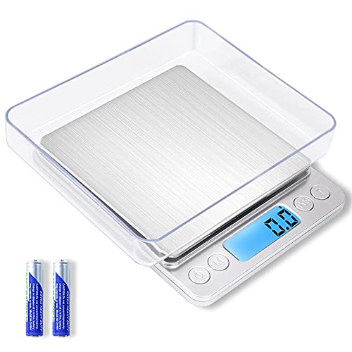 Small Digital Food Scale Ounce/OZ and Gram Scale, Kitchen Scale 3000g/0.1g High Precision for Baking, Soap Making, Jewelry, Includes 2 Trays and Batteries, 9 Units, Tare Function, Easy to Store - color: Silver