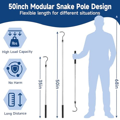 Snake Hook, 50" Reptile Snake Hook Heavy Duty Long for Ball Python Rattlesnakes Rattle Copperhead Removal with Sponge Grip and Stainless Steel Rubber Tip Hook(50inch) - size: 50inch