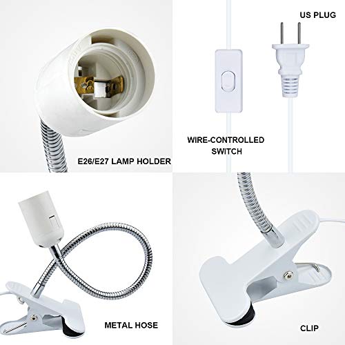 Bonlux E26 Clamp Lamp Fixture, Flexible Neck Clip Light Fixture with On/Off Switch US Plug for E26 Socket Plant Grow, Desk, Reptile Lamp Holder (2-Pack)