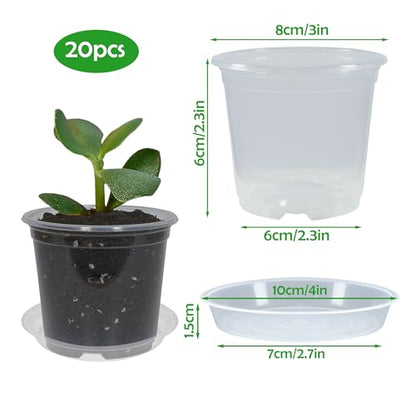20 Pack 3 Inch Clear Nursery Pots with Drainage and 20 Pack Plant Saucers, Plant Pots for Plants Transparent Potting Containers for Plants Seeding Starter Pot (Clear, 3 Inch) - size: 3 Inch