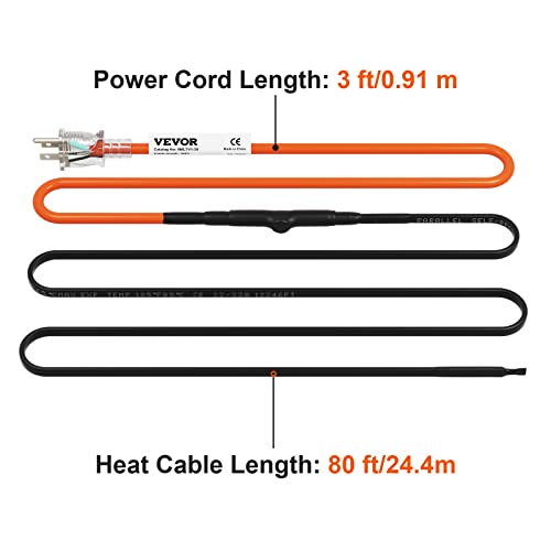 VEVOR Self-Regulating Pipe Heating Cable, 80-feet 5W/ft Heat Tape for Pipes Freeze Protection, Protects PVC Hose, Metal and Plastic Pipe from Freezing, 120V - size: 80 Feet