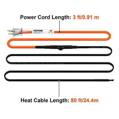 VEVOR Self-Regulating Pipe Heating Cable, 80-feet 5W/ft Heat Tape for Pipes Freeze Protection, Protects PVC Hose, Metal and Plastic Pipe from Freezing, 120V - size: 80 Feet