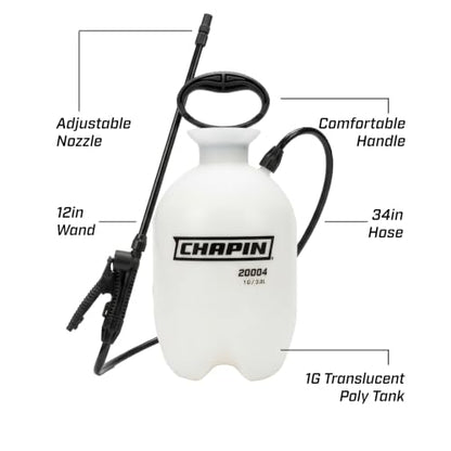 Chapin 1-Gallon Pump Sprayer, Easy Use for Home & Garden | Durable lightweight tank; ideal for weed control, plant care and cleaning with adjustable nozzle, long hose and easy pump - size: 1 Gallon Sprayer