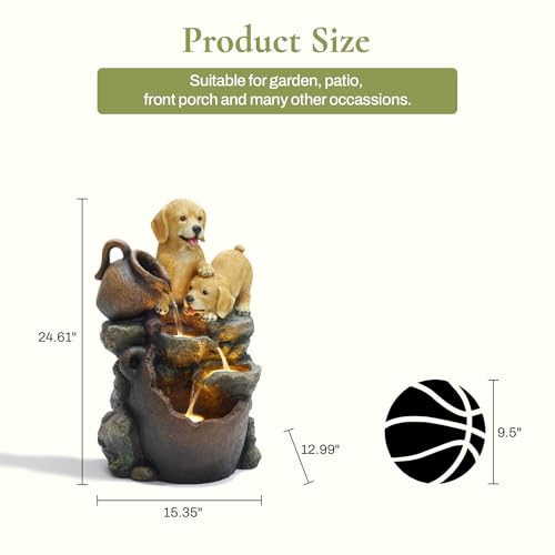 LuxenHome 25" Puppies and Pitchers Resin Outdoor Water Fountain with Lights | Indoor Outdoor Use Waterfall Decor with Farmhouse Pitchers Design, Garden Fountain with Warm LED Illumination - color: Brown B