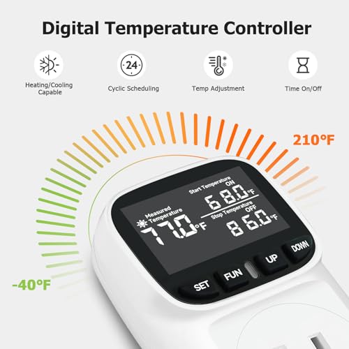 Temperature Controller 15A/1800W, Digital Timer Thermostat Outlet Plug for Fan, Cooling Devices, CyclicTiming/Countdown, VA Display,-40°F~210°F