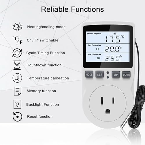 KETOTEK Digital Temperature Controller Thermostat Outlet Plug 120V with LCD Backlight, Heating Cooling Temperature Controlled Outlet 110V 15A with 3m Sensor - style: Backlit Style