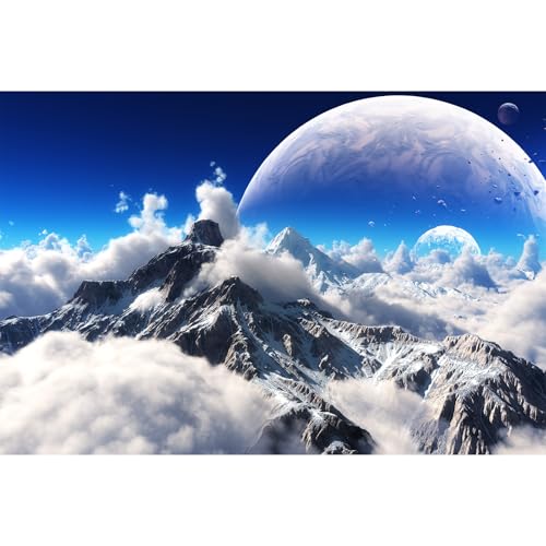 Celestial Aquarium Background Snow Capped Mountains Alien Planet Fish Tank Background Space Planets Natural Skyscape Reptile Tank Backgrounds Outer Space Clouds Blue Sky Enclosure Backgrounds 36x20in - color: Blue_White, size: 36(W)x20(H)in