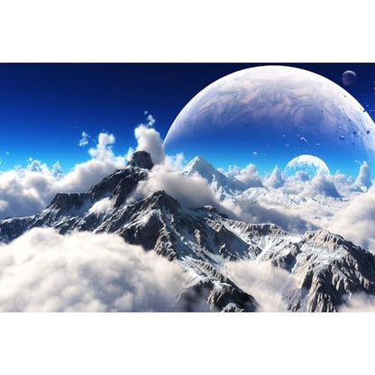 Celestial Aquarium Background Snow Capped Mountains Alien Planet Fish Tank Background Space Planets Natural Skyscape Reptile Tank Backgrounds Outer Space Clouds Blue Sky Enclosure Backgrounds 36x20in - color: Blue_White, size: 36(W)x20(H)in