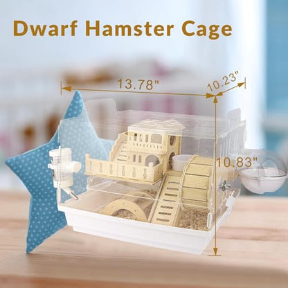 Cycodo 8 in 1 Acrylic Hamster Cage,2-Tier Dwarf Hamster Cage with Wooden Wheel & Hideout,Small Hamster Habitat with Accessories,Clear Pet Mice House(White,14" L*10" W*11" H) - color: White