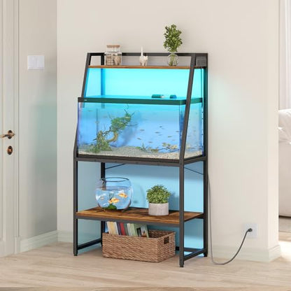HOOBRO 20-29 Gallon Fish Tank Stand with Power Outlets and LED Light, Heavy Duty Aquarium Stand, Metal Frame Reptile Turtle Tank Stand, 33.1'' L x 15.7'' W, 300 LBS Capacity, Rustic Brown BF41UDFT01