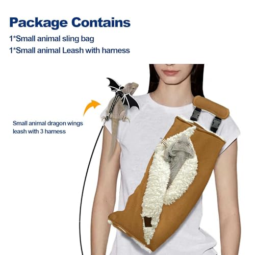 Adjustable Fluffy Bearded Dragon Sling Carrier Bag, Reptile Carrier with Leash Harness Lizard Cage Accessories for Small Animal, Ferrets, Squirrel, Hamsters,Parrot (Caramel) - color: Brown