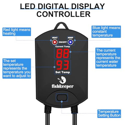 fishkeeper Aquarium Heater, 500W Fish Tank Heater for 66-132 Gallon | Adjustable Digital Display Controller, Submersible Water Heater with Thermostat Overheat & Dry-Boil Protection - size: 500W for 66-132 gallon
