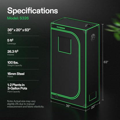 VIVOSUN S326 3x2 Grow Tent 36"x20"x63" Sturdy Indoor Growing Tents | High Reflective Mylar with Observation Window and Floor Tray for Hydroponics Indoor Plant - size: 36"x20"x63"