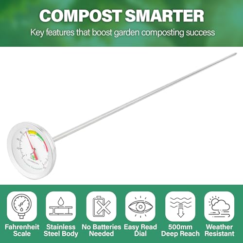 Compost Thermometer 20 Inch – Stainless Steel Soil Temperature Gauge with 2 Inch Dial – Long Probe Thermometer for Garden, Backyard, and Home Composting