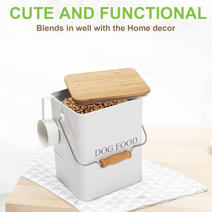 Dog Food storage container Dog Treats Jar,5~6 lb Metal food treats tin for Dog, pet snacks Canisters with wooden lid/handle/sevice scoop-White - color: Dog-White