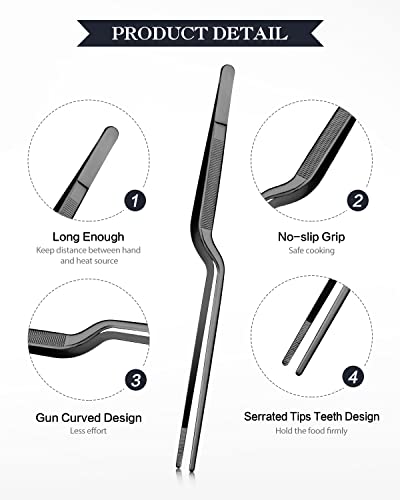 12-inch Cooking Tweezer and Offset Tweezer Set, Tongs with Serrated Tips, Stainless Steel, Black, 2pcs - size: 12-inch