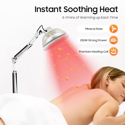 Far Infrared Mineral Heat Lamp, Adjustable Height 1-4.8ft with 360° Rotatable Head, Timer & Safety Tilt Shut-Off, Pain Relief Device for Back Neck Shoulder Knee, Home Physiotherapy Lamp
