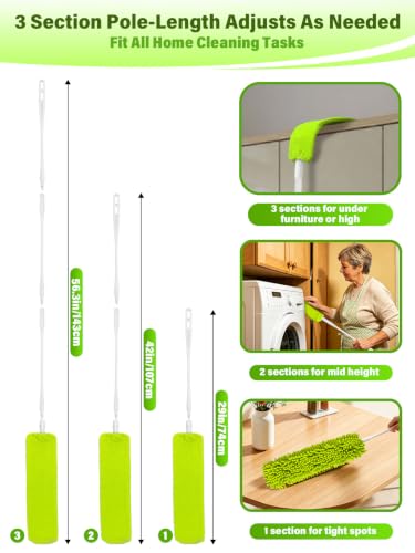 Bend-Free Gap Dust Cleaner Cleaning Tools Washable Flat Duster Brush with 4 Microfiber Chenille Dusting Cloths Long Handle 56 inches for Cleaning Under Appliances Furniture Couch Bed Fridge
