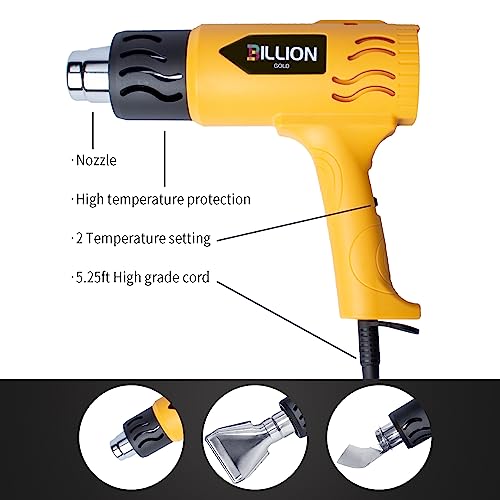 Heat Gun, BILLION GOLD 1800W Hot Air Gun 752℉-1112℉ with 2 Temperature Setting, Heat Gun for Crafting, Shrink Tubing, Paint Removing - 2 Nozzles - color: Yellow-2