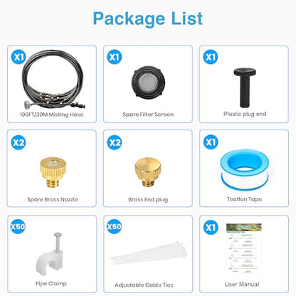 100FT Misters for Outside Patio, 28 Nozzles, 3/4 Inch Brass Adapter | 30M Outdoor Misting System for Patios, Gardens & Greenhouses, Preassembled Misting Line for Flexible DIY Cooling Layouts. - size: 100FT
