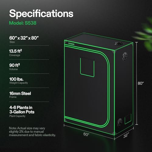 VIVOSUN 5x3 Grow Tent 60"x32"x80"High Reflective Mylar Tent Indoor Grow | Heavy-duty Zippers, Sturdy Metal Frame, Wide Clear Window, Removable Floor Tray, 100% Reflective Mylar Interior - size: 60"x32"x80"