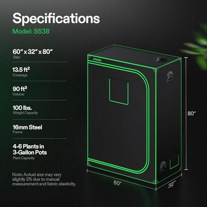VIVOSUN 5x3 Grow Tent 60"x32"x80"High Reflective Mylar Tent Indoor Grow | Heavy-duty Zippers, Sturdy Metal Frame, Wide Clear Window, Removable Floor Tray, 100% Reflective Mylar Interior - size: 60"x32"x80"