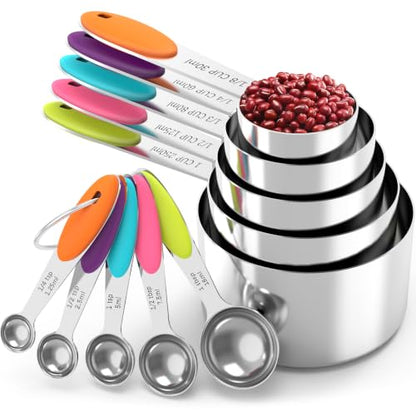 Nesting Measuring Cups and Spoons Set, Stainless Steel with Soft Silicone Handle – Heavy Duty & Dishwasher Safe for Measuring Dry/Liquid Ingredients, Ideal for Cooking & Baking (10)