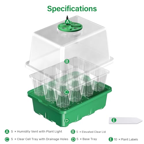 Seed Starter Trays with 12-LED Grow Lights, Green, 5 Pack | 5 Seed Starter Kits, 60 Cells, 12-LED Grow Light per Tray, Vented Humidity Domes, Drainage Holes, 1-to-5 USB Cable - color: Green, size: 5 Packs
