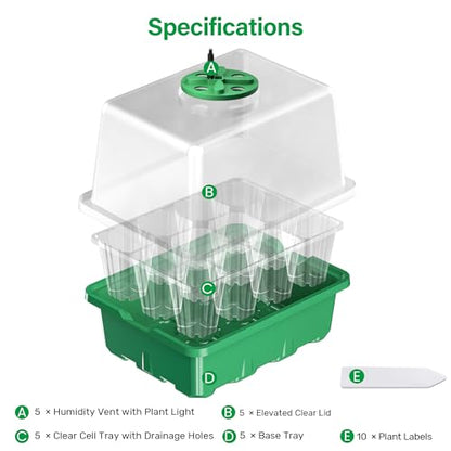 Seed Starter Trays with 12-LED Grow Lights, Green, 5 Pack | 5 Seed Starter Kits, 60 Cells, 12-LED Grow Light per Tray, Vented Humidity Domes, Drainage Holes, 1-to-5 USB Cable - color: Green, size: 5 Packs