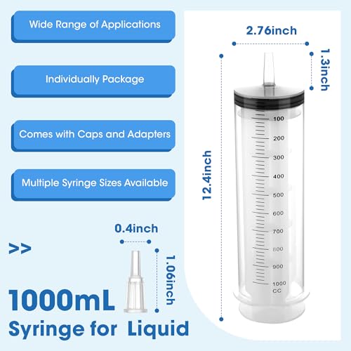 1000mL Plastic Syringe for Liquid - Large Syringes with Adapter for Scientific Labs, Feeding, Oil Filling, Individually Wrapped, 1 Pack - style: 1000mL