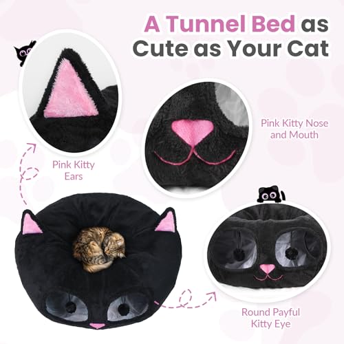Baseola Fuzzy Cat Tunnel Bed for Indoor Cats, 2-in-1 Interactive Cat Toys | Peekaboo Cat Cave with Washable Mat, Collapsible Cat Play Tunnel for Kittens & Small Pets, Cat Donut Bed Tunnel, Black Pink - color: Black Pink
