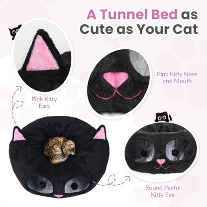 Baseola Fuzzy Cat Tunnel Bed for Indoor Cats, 2-in-1 Interactive Cat Toys | Peekaboo Cat Cave with Washable Mat, Collapsible Cat Play Tunnel for Kittens & Small Pets, Cat Donut Bed Tunnel, Black Pink - color: Black Pink