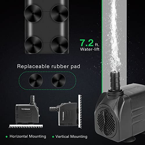 VIVOSUN 480GPH Submersible Fountain Water Pump for Pond, Aquarium, Statuary | 1800L/H, 25W, Ultra Quiet Water Pump with 7.2ft High Lift and 5ft Power Cord, 3 Nozzles for Fish Tank, Hydroponics Black - size: 6"×4"-480