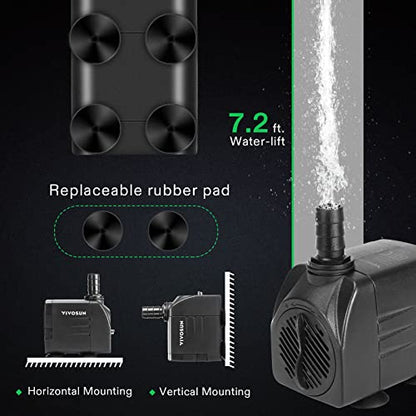 VIVOSUN 480GPH Submersible Fountain Water Pump for Pond, Aquarium, Statuary | 1800L/H, 25W, Ultra Quiet Water Pump with 7.2ft High Lift and 5ft Power Cord, 3 Nozzles for Fish Tank, Hydroponics Black - size: 6"×4"-480