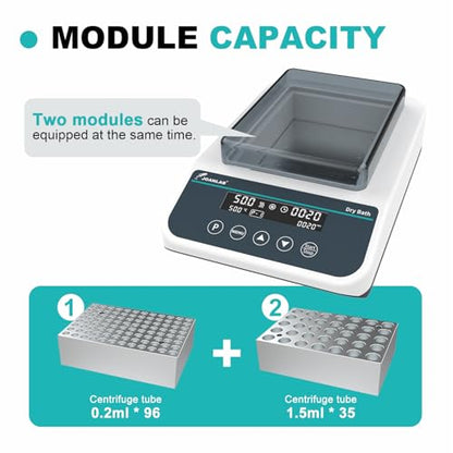 DB100-2P Dry Bath, 100℃ Programmable 0.2mlx96, 1.5mlx35 | Digital thermostatic block heater, heating, RT+5℃ to 100℃, 9 programs, timer, 0.2ml & 1.5ml block, for lab incubation - size: 0.2ml&1.5ml (Dual-Block)
