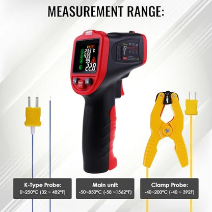 Infrared Thermometer Gun with Pipe Temperature Clamp, High Accuracy HVAC Thermometer (-50°C to 850°C) for Cooking, Home Repair, Oven, HVAC, Automotive & Industrial Use, Adjustable Emissivity
