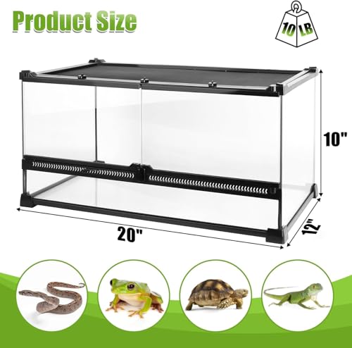 10 Gallon Reptile Enclosure Terrarium, 20“ x 12" x 10” | Front Opening Glass Reptile Tank, Waterproof Rainforest Terrarium for Geckos, Frogs, Small Lizards, Corn Snakes - size: 20" x 12" x 10"