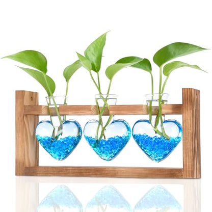 Plant Terrarium with Wooden Stand, 3 Heart Bulb Glass Vases | Wooden Stand Tabletop for Air Planter, Gifts for Mom Plant Lovers Mom Women Wife Grandma - color: Transparent