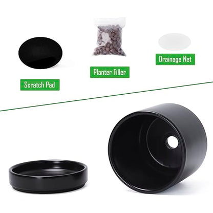 D'vine Dev 4-Pack Ceramic Pots with Saucers, Black, 4.7 in, 94-X-B-2 | Glazed Ceramic, Drainage Hole and Saucer, Sleek Cylinder Shape, High Temperature Fired, Ideal for Small Houseplants - color: Black, size: 4.7 Inch