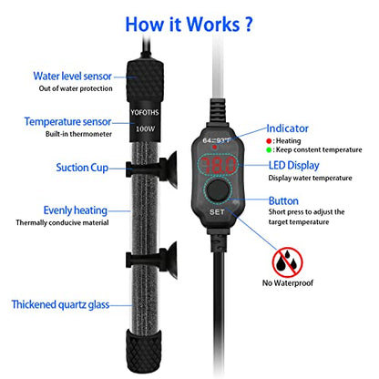 YOFOTHS Adjustable Mini Aquarium Heater, 100W for Tanks 10-20 Gallons | Submersible, Small Fish Tank, Digital Display Thermostat, External Temperature Controller - size: 100W
